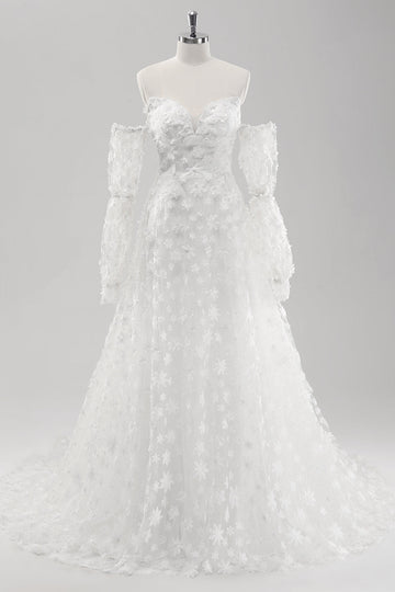 Vit A Line Sweetheart Applique Lace Bröllopsklänning med avtagbara ärmar